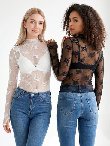 Women's Lace Mesh Tops Long Sleeve Sheer Shirts Y2K Floral Print Undershirt Mock Neck See Through Going Out Tops in Saudi Arabia