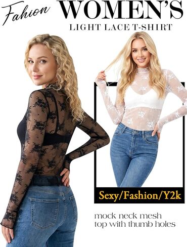 Women's Lace Mesh Tops Long Sleeve Sheer Shirts Y2K Floral Print Undershirt Mock Neck See Through Going Out Tops in Saudi Arabia