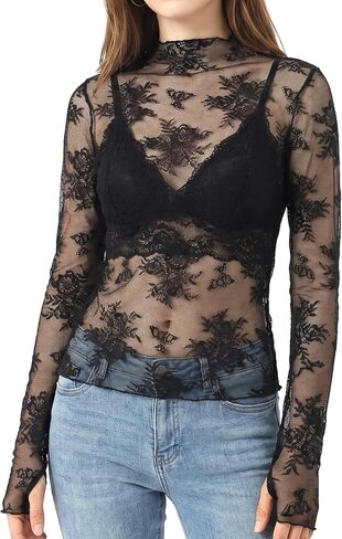 Women's Lace Mesh Tops Long Sleeve Sheer Shirts Y2K Floral Print Undershirt Mock Neck See Through Going Out Tops in Saudi Arabia