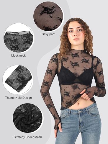 Women's Lace Mesh Tops Long Sleeve Sheer Shirts Y2K Floral Print Undershirt Mock Neck See Through Going Out Tops in Saudi Arabia