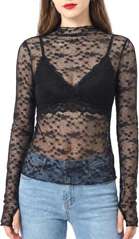 Women's Lace Mesh Tops Long Sleeve Sheer Shirts Y2K Floral Print Undershirt Mock Neck See Through Going Out Tops in Saudi Arabia