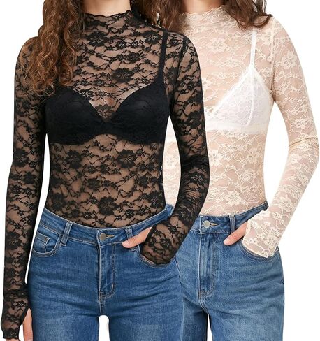 Women's Lace Mesh Tops Long Sleeve Sheer Shirts Y2K Floral Print Undershirt Mock Neck See Through Going Out Tops in Saudi Arabia