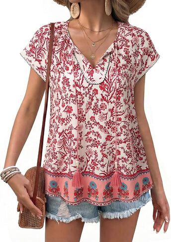 Women's Boho Floral Blouse - Short Sleeve V Neck Loose Flowy Casual Summer Vacation Top in Saudi Arabia