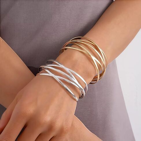 Bohemian Multi-Layer Twisted Wire Cuff Bracelet – Punk Wide Gold Bangle, Gift-Ready for Her in Kuwait