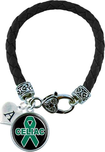 Custom Celiac Disease Awareness Black Leather Bracelet Jewelry Choose Initial in Saudi Arabia
