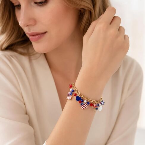 4th of July Bracelet for Women Patriotic Heart Star Bracelets Red White Blue American Flag Charm Bracelet Independence Day Celebration Outfit Jewelry in Kuwait