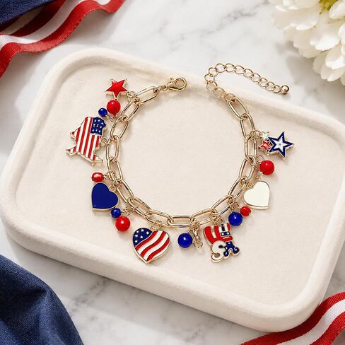 4th of July Bracelet for Women Patriotic Heart Star Bracelets Red White Blue American Flag Charm Bracelet Independence Day Celebration Outfit Jewelry in Kuwait