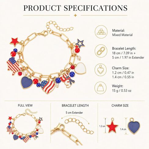 4th of July Bracelet for Women Patriotic Heart Star Bracelets Red White Blue American Flag Charm Bracelet Independence Day Celebration Outfit Jewelry in Kuwait