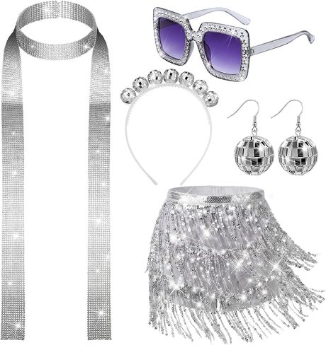 Twistover 5 Pcs 70s Women Disco Accessories Costume Disco Sequined Skirt Headband Sequin Scarf Sunglasses Earrings Earrings in Saudi Arabia