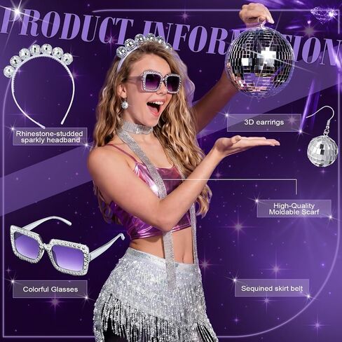 Twistover 5 Pcs 70s Women Disco Accessories Costume Disco Sequined Skirt Headband Sequin Scarf Sunglasses Earrings Earrings in Saudi Arabia