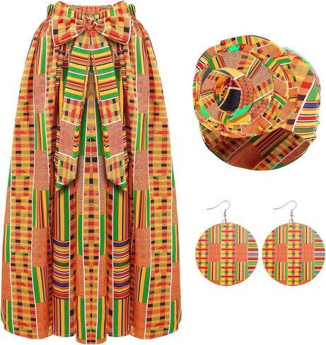 Mprocen Women African Skirt Printed Maxi Skirt Long Skirts with Pockets Boho Casual Dress Head Wrap Earrings Fashion Festival in Saudi Arabia