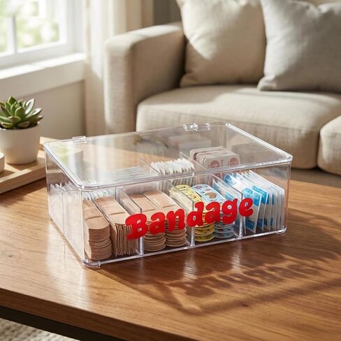 Bandage Storage Organizer, 8 Adjustable Compartments First Aid Storage Organizer with Flip Cover, Medical Supply Organizer for Cotton Swabs Pills, Clear in Saudi Arabia