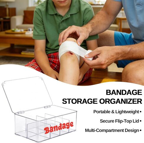 Bandage Storage Organizer, 8 Adjustable Compartments First Aid Storage Organizer with Flip Cover, Medical Supply Organizer for Cotton Swabs Pills, Clear in Saudi Arabia