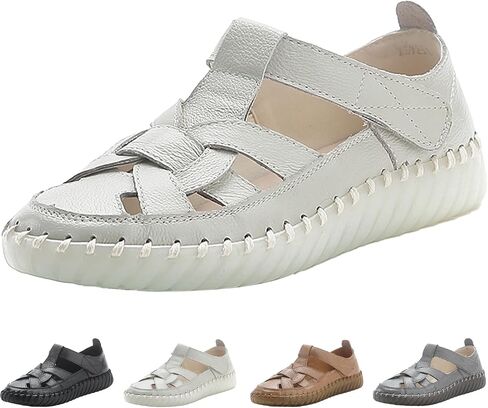 Women's Closed-Toe Leather Sandals,Comfort Breathable Woven Non-slip Ox Soft Sole Casual Beach Flat Fisherman Shoes in Saudi Arabia