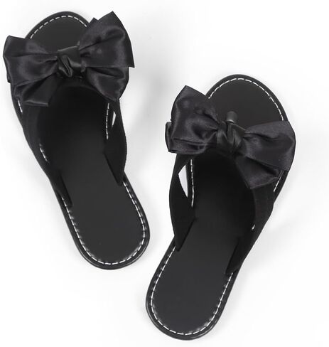 Women's Flip Flops with Satin Bow, Cute Black Flat Thong Sandals Comfortable Soft Summer Beach Shoes Non-Slip Rubber Sole Indoor Outdoor Casual Slippers for Women in Saudi Arabia
