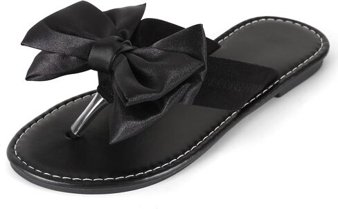 Women's Flip Flops with Satin Bow, Cute Black Flat Thong Sandals Comfortable Soft Summer Beach Shoes Non-Slip Rubber Sole Indoor Outdoor Casual Slippers for Women in Saudi Arabia
