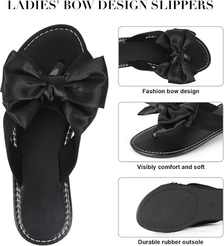 Women's Flip Flops with Satin Bow, Cute Black Flat Thong Sandals Comfortable Soft Summer Beach Shoes Non-Slip Rubber Sole Indoor Outdoor Casual Slippers for Women in Saudi Arabia