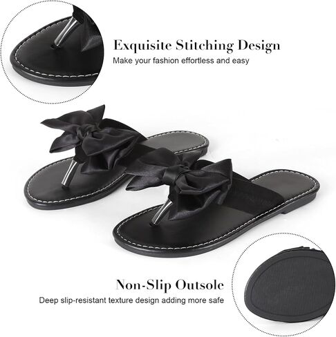 Women's Flip Flops with Satin Bow, Cute Black Flat Thong Sandals Comfortable Soft Summer Beach Shoes Non-Slip Rubber Sole Indoor Outdoor Casual Slippers for Women in Saudi Arabia