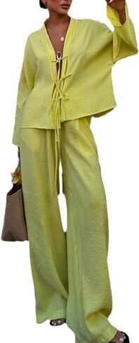 Pants and Top Set for Women 2 Piece Outfits Fall Clothes Long Sleeve Tie Front Tops Wide Leg Pants Set Going Out Tops in Kuwait