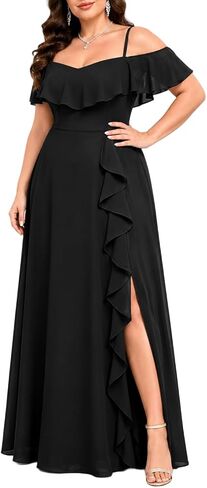 Talisea Plus Size Formal Dresses - Off Shoulder Chiffon High Slit Ruffle Wedding Guest Bridesmaid Prom Evening Dress in Kuwait
