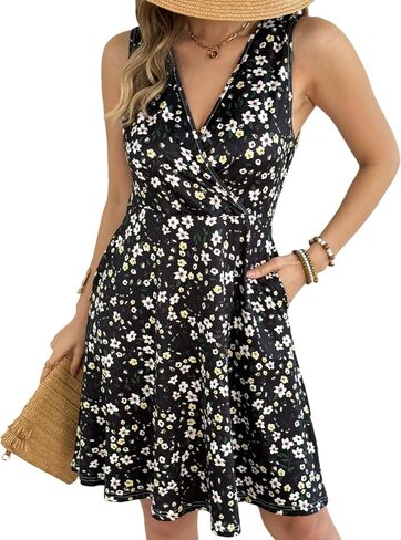 Women’s Summer Floral Dress - Sleeveless V-Neck A-Line Sundress with Elastic Waist, Casual Spring Dress with Pockets in Saudi Arabia