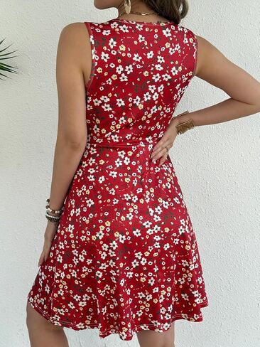 Women’s Summer Floral Dress - Sleeveless V-Neck A-Line Sundress with Elastic Waist, Casual Spring Dress with Pockets in Saudi Arabia