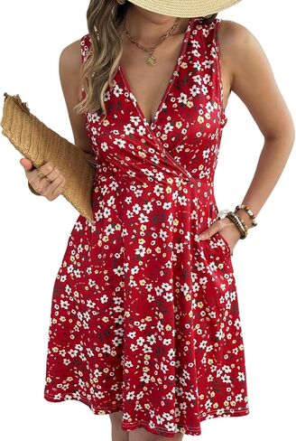 Women’s Summer Floral Dress - Sleeveless V-Neck A-Line Sundress with Elastic Waist, Casual Spring Dress with Pockets in Saudi Arabia