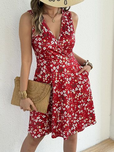 Women’s Summer Floral Dress - Sleeveless V-Neck A-Line Sundress with Elastic Waist, Casual Spring Dress with Pockets in Saudi Arabia