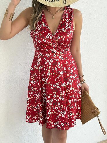 Women’s Summer Floral Dress - Sleeveless V-Neck A-Line Sundress with Elastic Waist, Casual Spring Dress with Pockets in Saudi Arabia