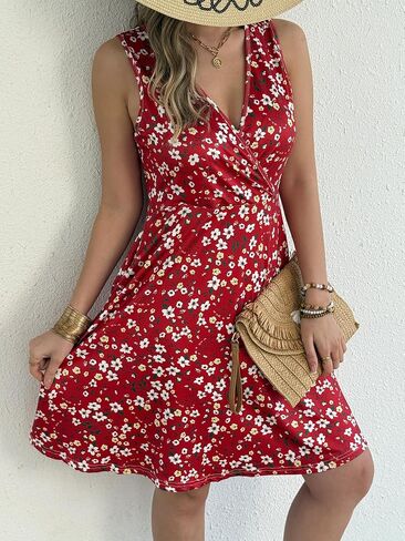 Women’s Summer Floral Dress - Sleeveless V-Neck A-Line Sundress with Elastic Waist, Casual Spring Dress with Pockets in Saudi Arabia