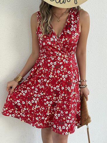 Women’s Summer Floral Dress - Sleeveless V-Neck A-Line Sundress with Elastic Waist, Casual Spring Dress with Pockets in Saudi Arabia