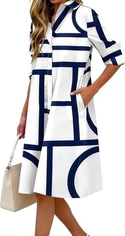 Women's Casual Button-Down Shirt Dresses Long Sleeve Collared Neck Loose-Fit A-Line Midi Tunic Dress with Pocket in Saudi Arabia