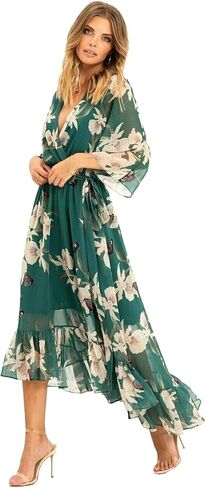YUMI - Dip Hem Kimono Sleeve Dress - Ladies Midi V Neck Floral Occasionwear Wrap Dress in Saudi Arabia