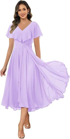 Tea Length Mother of the Bride Dresses for Wedding Cape Sleeve Applique V Neck Chiffon Formal Dress in Saudi Arabia