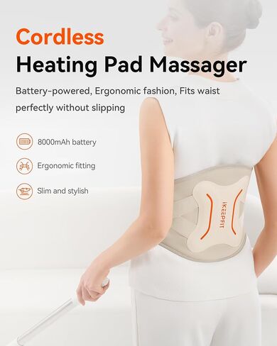 IKEEPFIT Cordless Heating Pad with Massager for Back Pain Relief: MAXwarm® 4.0, Portable Heated Back Brace with Lumbar Support for Sciatica, Large 8000mAh Battery, for Women Men 70" Beige in Saudi Arabia