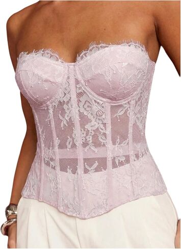 Floerns Women's Floral Lace Strapless Corset Tops Lace Up Club Night Out Tube Tops in Saudi Arabia