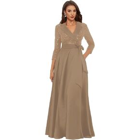 A-Line Satin Mother of The Bride Dresses for Women Puffy Flowy 3/4 Sleeve Sparkly Sequin Formal Dress with Pockets in Saudi Arabia