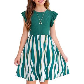 NEW 6-14 Years Girls Dress Flutter Sleeve Ribbed Knit Floral A-Line Casual Party Vacation School Summer Sundress in Saudi Arabia