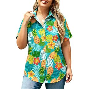 Plus Size Hawaiian Shirts for Women Floral Tropical Print Short-Sleeve Button-Down Shirt Summer Vacation Beach Tops in Kuwait