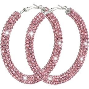 Sparkling Hoop Rhinestone Earrings for Women, 2.16" Light Pink Rhinestone Hoop Earrings for Women, Mother's Day Graduation Easter Gift, Dangling Colored Hoop Jewelry in Saudi Arabia