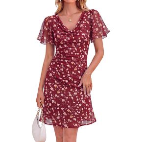 Womens Summer Cowl Neck Floral Bodycon Ruffle Sleeve Ruched Mesh Wedding Guest Cocktail Party Dresses in Saudi Arabia
