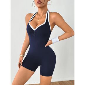 Women's Halter Neck Seamless Workout Romper Backless Contrast Trim One Piece Activewear Great for Yoga Gym Fitness Outdoor Sports & Daily Wear (Navy Blue-M) in Kuwait