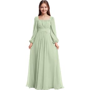 Junior Bridesmaid Dress Chiffon Long Sleeve Flower Girl Dress Square Neck Princess Pageant Communion Dresses in Saudi Arabia