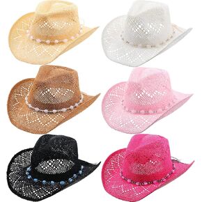 6 Piece Straw Cowboy Hats for Women Men Cowboy Hat Bundle Shapeable Brim Western Style Multicolor for Party Beach Outings Outdoor Garden Activities Party Western Themed Events in Saudi Arabia