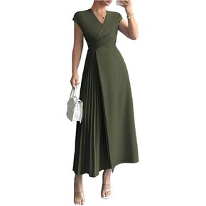 OYOANGLE Women's Elegant Cap Sleeve Belted Maxi Dress Wrap V Neck Pleated Long Dress in Saudi Arabia