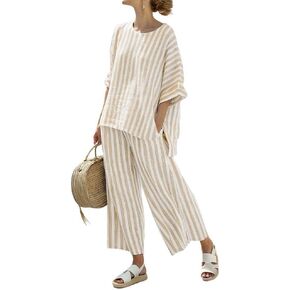 codcm Women's Cotton Linen Sets 2 Piece Striped Outfits Short Sleeve Top and Wide Leg Pants Set with Pockets in Saudi Arabia