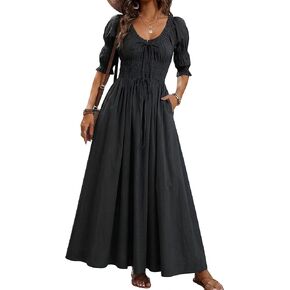 Women's Summer Puff Sleeve Maxi Dress Scoop Neck Smocked Tie Ruffle A Line Long Flowy Beach Dresses Pockets in Saudi Arabia