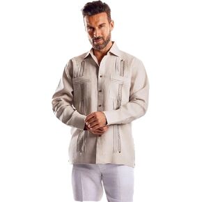Mojito Collection Men's 100% Linen Guayabera Shirt Long Sleeve with Embroidered Trim in Saudi Arabia