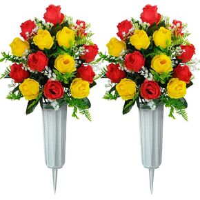 XONOR Artificial Cemetery Flowers for Grave Decorations, Artificial Memorial Roses Flowers Bouquet with Vase for Cemetery Headstones Decoration, 2 Sets (Dark Blue&Light Blue) in Saudi Arabia
