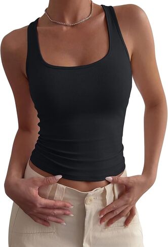 PINKMSTYLE Womens Double Lined Racer Back Tank Tops Scoop Neck Sleeveless Basic Tops Stretch Layering Summer Going Out Tops in Saudi Arabia